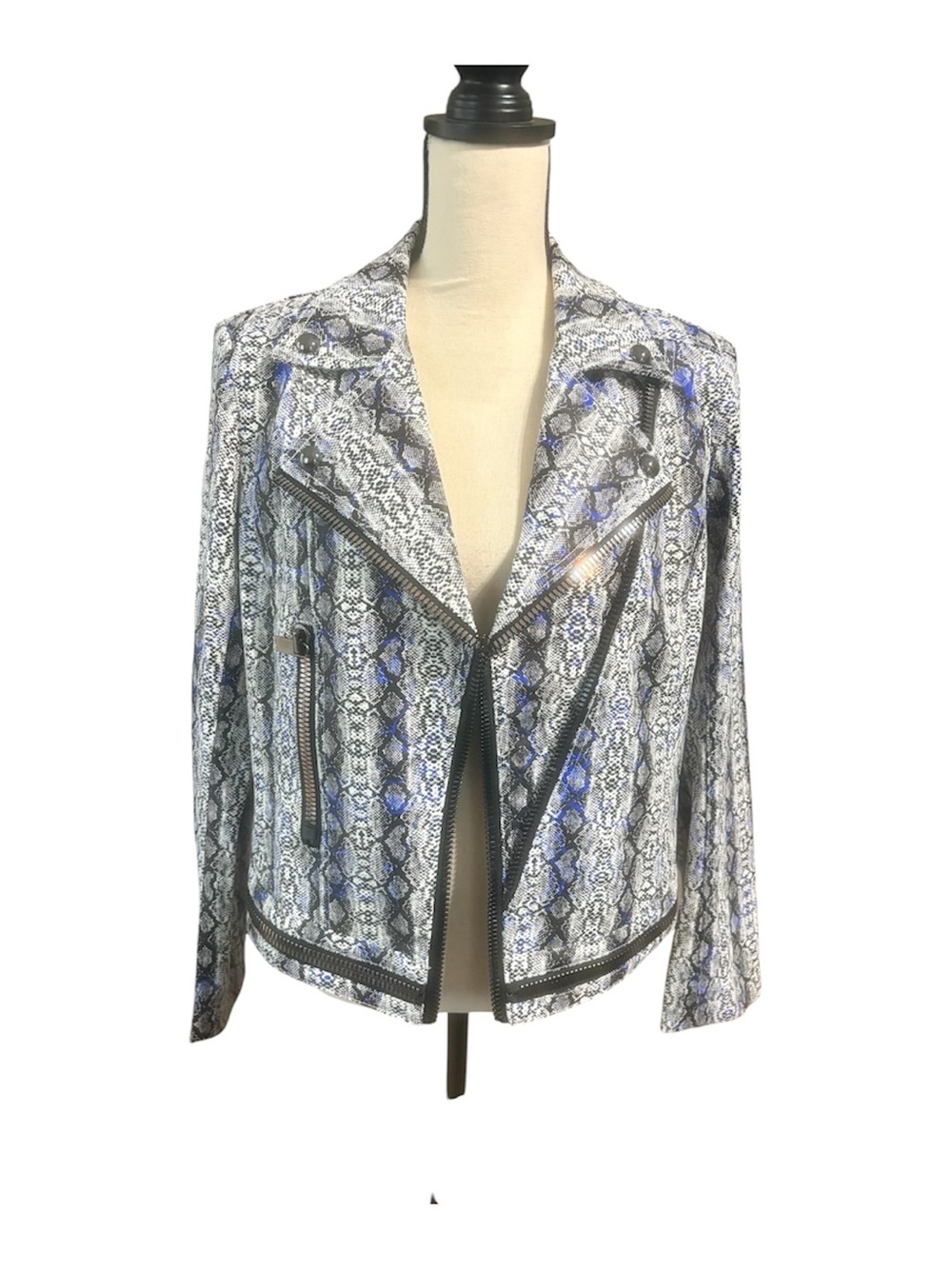 Insight Snake-Print Moto Jacket in White and Blue Accents